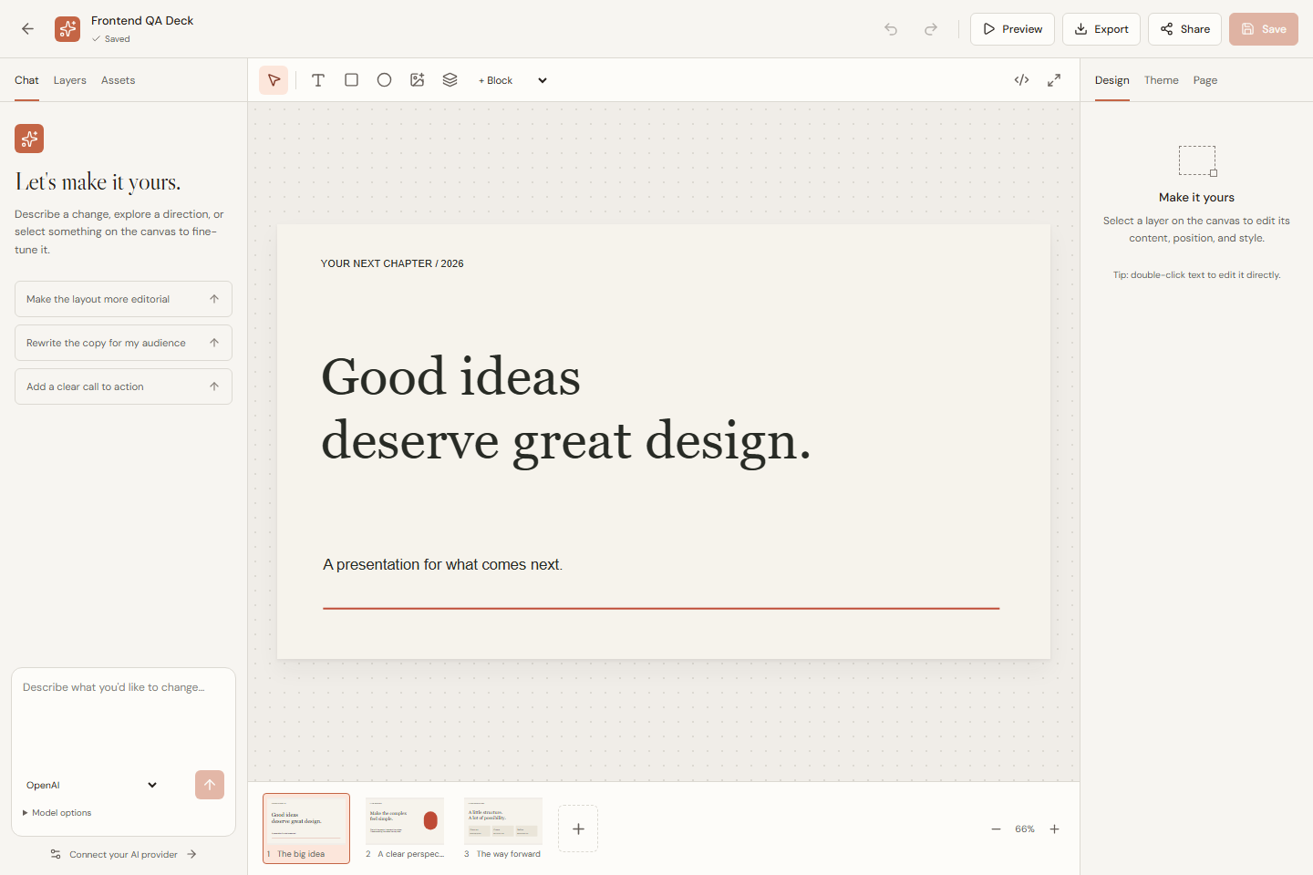 The Design Studio editor showing the conversation panel, editable preview, and object inspector